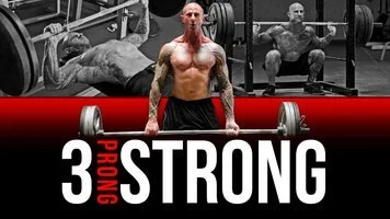 A muscular bald man with tattoos lifts weights in a gym. The image background shows him doing bench press and squat exercises. The text at the bottom reads "3 Prong Strong" in bold white and red letters. Personalized training programs are highlighted, focusing on strength training.