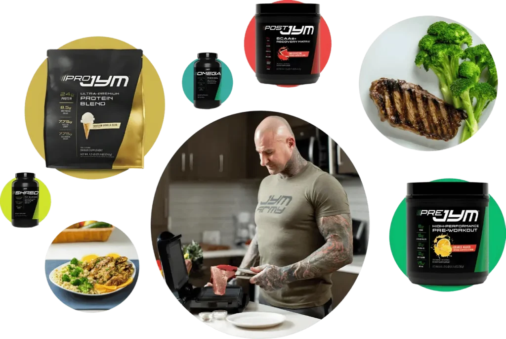 A bald man with tattoos cooks steak in a kitchen. Surrounding him are various dietary supplements and food items like a plate of pasta, grilled steak with broccoli, protein powder, and pre-workout containers. Amid the green and black circles in the background, he focuses on achieving his fitness goals.