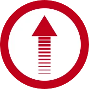 A red, upward-pointing arrow inside a white circle, surrounded by a thick red border. The arrow appears to be on top of a series of horizontal lines, creating a ladder-like effect beneath it.