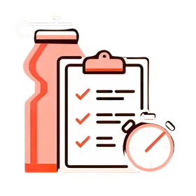 Illustration of a water bottle, a clipboard with a checklist, and a stopwatch. The water bottle is on the left, the clipboard with three checkmarks representing personalized training programs is in the middle, and the stopwatch is placed at the bottom right.