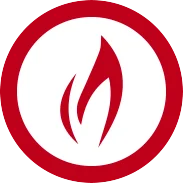 A red flame icon is centrally placed within a white background. The flame, reminiscent of the passion fueling fitness goals, is enclosed inside a thick red circular border. Consisting of two jagged shapes, one larger and one smaller, it symbolizes fire and determination.