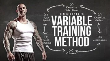 A muscular man with tattoos wearing a white tank top stands next to a diagram titled "Variable Training Method," created by Greensboro expert trainers. The diagram lists six elements in a circular flow: Exercise Selection, Exercise Order, Resistance, Volume, Rest Periods, and Rep Speed.